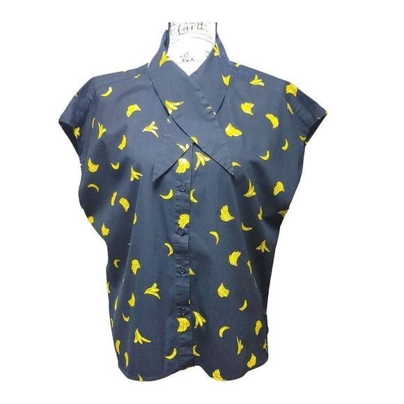 Eloquii Navy Blue Blouse Top Yellow Banana Print 14 - Picture 3 of 8